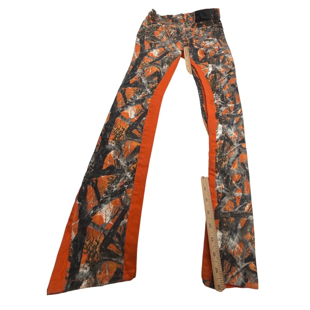 Evolution In Design Women's 12 Orange Black Camo Stacked Fit Jeans Y2K